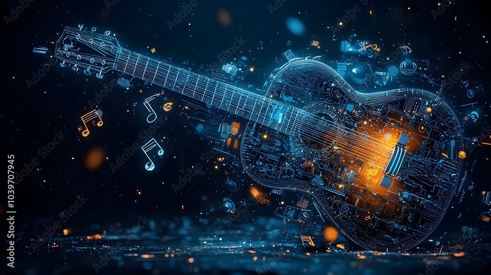 Fototapete Captivating digital depicting a glowing mesh of musical notes and lines flowing gracefully from the strings of an illuminated abstract guitar shape creating a dynamic rhythmic