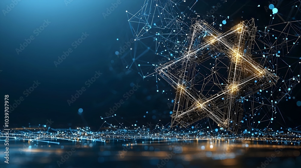 Poster Captivating digital of a glowing mesh star of David with intricate geometric lines radiating outward creating a mesmerizing futuristic and symbolically powerful visual