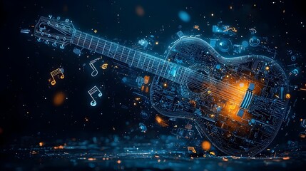 Fototapeta premium Captivating digital depicting a glowing mesh of musical notes and lines flowing gracefully from the strings of an illuminated abstract guitar shape creating a dynamic rhythmic