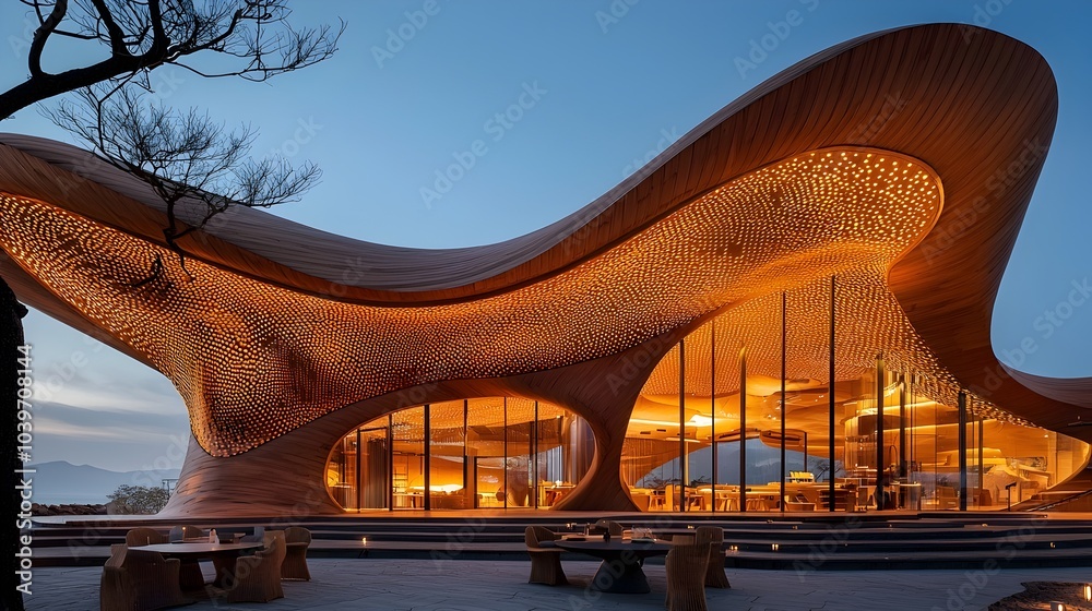 Poster captivating digital showcasing glowing mesh patterns that beautifully illuminate the roof of a seren