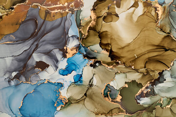 Natural  luxury abstract fluid art painting in alcohol ink technique. Tender and dreamy  wallpaper. Mixture of colors creating transparent waves and golden swirls. For posters, other printed materials