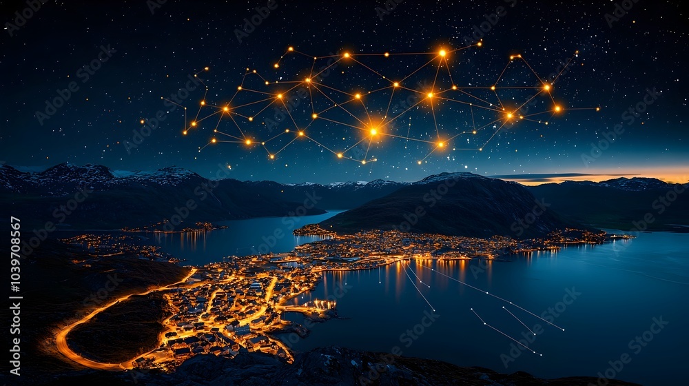 Poster captivating glowing mesh network of stars and cosmic energy suspended over a serene night landscape 