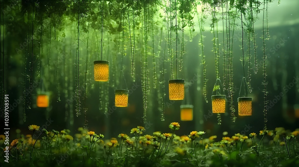 Poster captivating glowing mesh vines suspended from the ceiling of a greenhouse cascading amidst a lush an