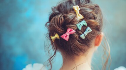 Naklejka premium Elegant updo with colorful bows in young girl's hair, capturing a playful and delicate beauty lifestyle, evoking concepts of girlhood and femininity