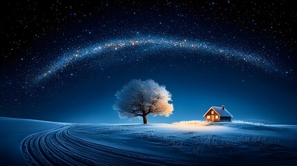 Naklejka premium Captivating frozen forest scene with towering trees blanketed in snow beneath a starry night sky illuminated by the mesmerizing glow of the northern lights