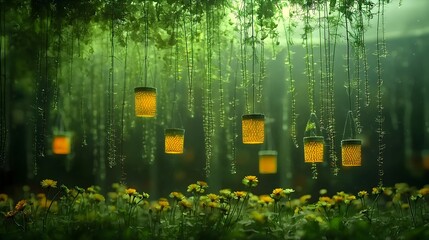 Captivating glowing mesh vines suspended from the ceiling of a greenhouse cascading amidst a lush and vibrant display of colorful flowers