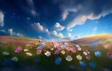 A field of colorful wildflowers under a blue sky with fluffy white clouds.