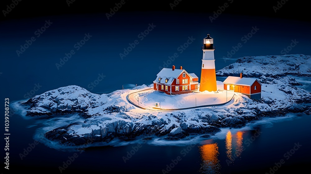 Poster captivating image of a powerful lighthouse casting its brilliant beam of light over a dark snowy coa