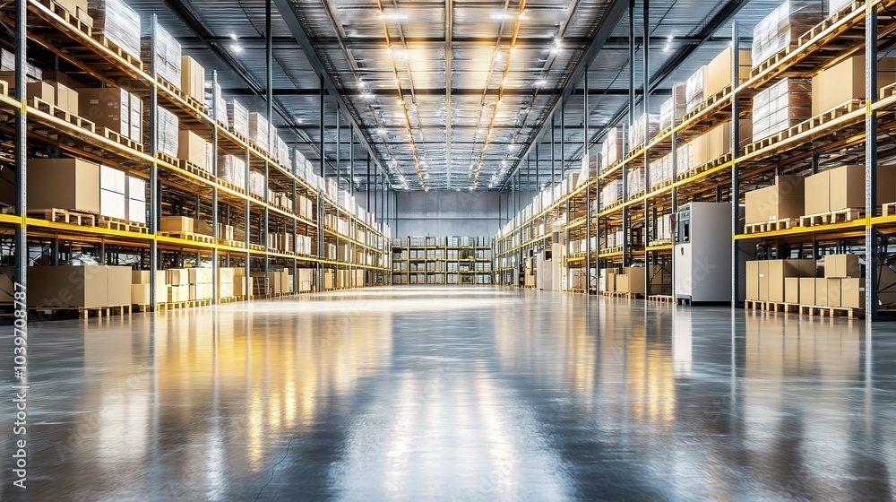 Poster Spacious Warehouse Interior with Shelving Units