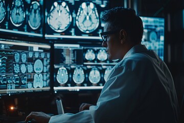 A medical expert examines brain scans displayed on multiple monitors in a dimly lit research facility late at night, focusing intently on the intricate details of each image