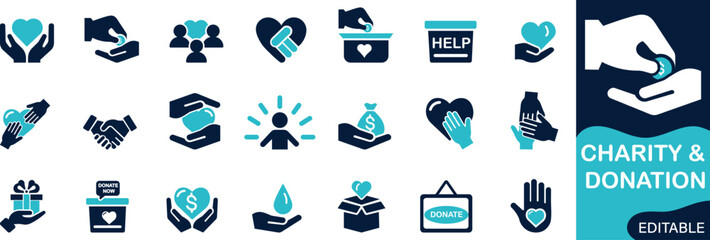 Charity and Donation icon set Solid flat vector icons vector collection