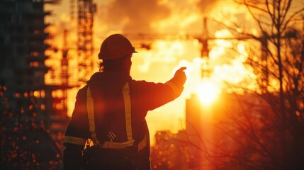 Silhouetted worker pointing towards a construction site at sunset, with cranes and scaffolding in the background.