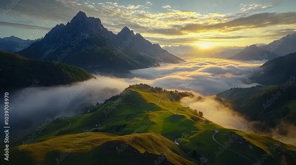Poster captivating image of glowing mesh like clouds hovering ethereally over a tranquil valley bathed in t