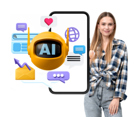 A woman standing near a smartphone screen displaying an AI bot with various chat and social icons. Isolated on a white background, tech concept