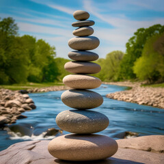 A stack of rocks is placed on a rock ledge next to a river
