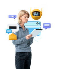 Woman using a tablet surrounded by colorful speech bubbles, AI bot, and communication icons on a...