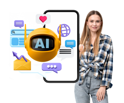 A woman standing near a smartphone screen displaying an AI bot with various chat and social icons. Isolated on a white background, tech concept