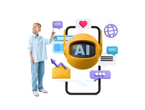 A woman points towards an AI assistant surrounded by chat bubbles, a globe, and other communication icons, representing online interaction and assistance