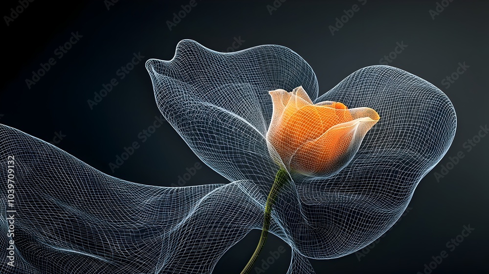 Aufkleber Captivating image of glowing mesh like vines spiraling around a vibrant blooming rose set against a dark mysterious background creating a romantic and enchanting visual