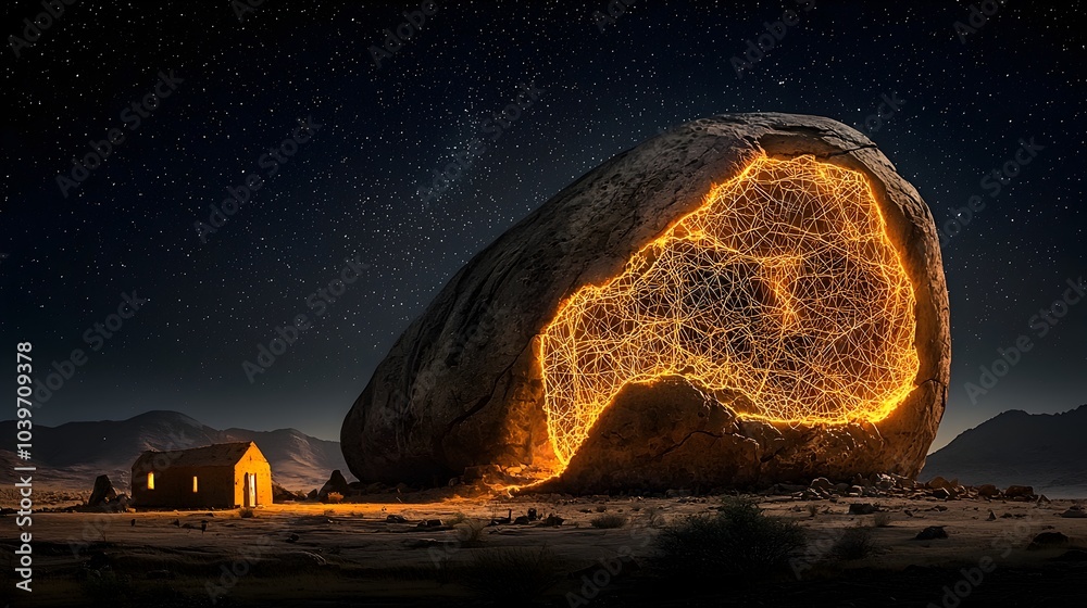 Fototapete Captivating image showcasing glowing rock formations with intricate mesh patterns that represent ancient fault lines creating a stunning and otherworldly natural landscape