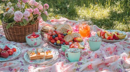Vibrant picnic setting with tea and fresh fruits on floral blanket under sunlit garden, evoking themes of girlhood and beauty lifestyle