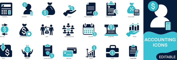 Accounting icon set Solid flat vector icons collection