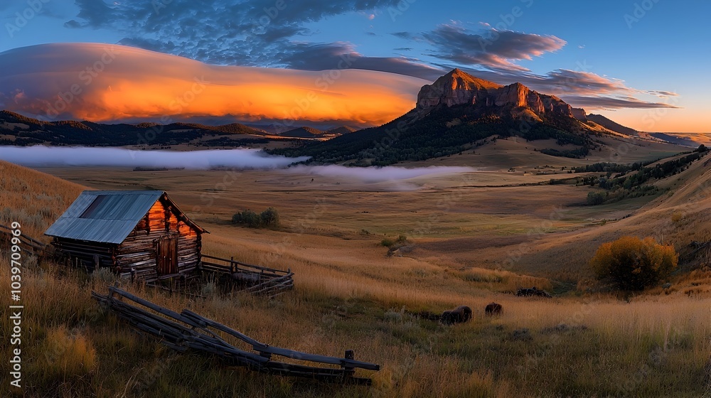 Aufkleber captivating scene of ethereal glowing mesh like clouds hovering over a serene tranquil valley at the