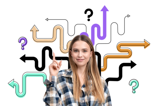 Young woman pointing upward while colorful arrows and question marks surround her. Clean design on a white background, concept of decision-making and direction