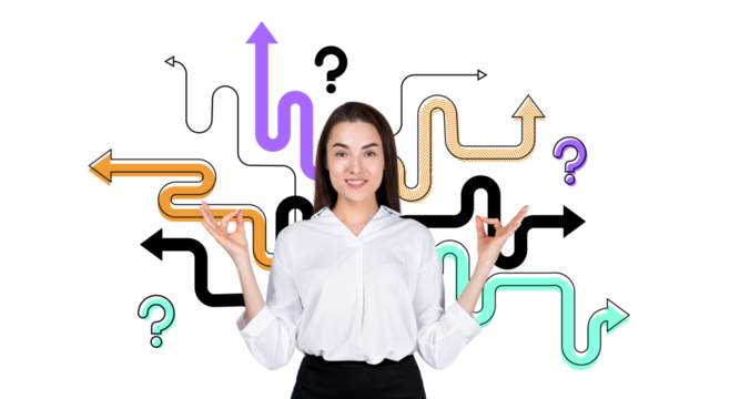 A woman standing with arrows and question marks pointing in various directions behind her, representing decision-making and choices concept. White background