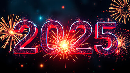 2025 Happy New Year fun colorful design background Silvester greeting card with fireworks gold sparklers shiny glitter numbers and shiny lights. Festive celebration banner. Ai generated