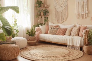 Bohemian-style living room filled with soft, warm tones.