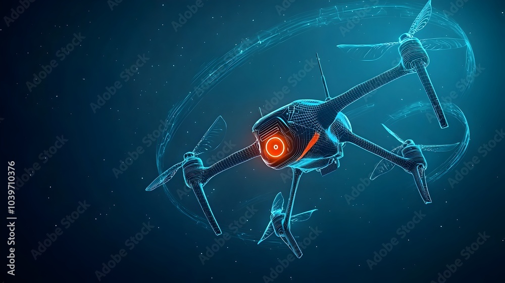 Aufkleber conceptual image of a futuristic glowing wireframe drone with neon propellers spinning in dynamic mo