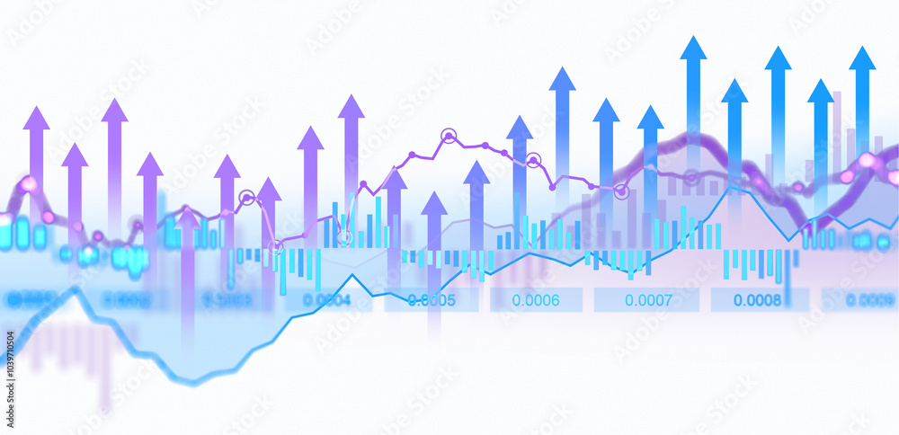 Poster overlapping upward arrows with financial graphs, bars, and data points displayed on a white backgrou