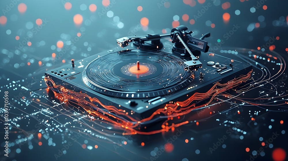 Poster captivating visualization of music waves emanating from a spinning vinyl record player creating a me