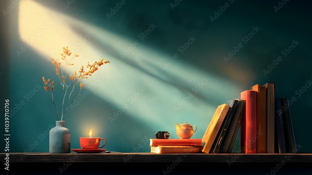 Poster Cozy and modern bookshelf with a soft glowing illumination surrounding the neatly arranged books creating a serene and inviting atmosphere complemented by a soothing cup of tea on the side