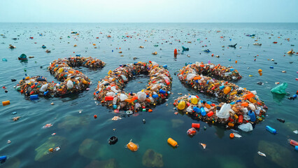 A striking visual of ocean pollution, where piles of plastic waste and garbage bags are arranged to spell out the colorful word "SOS" floating on the water. Sea with scattered plastic debris.