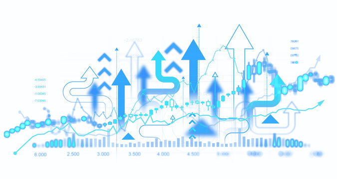 Blue arrows curving and pointing up overlaying financial charts in the background. Represents business success, growth, and strategy concepts