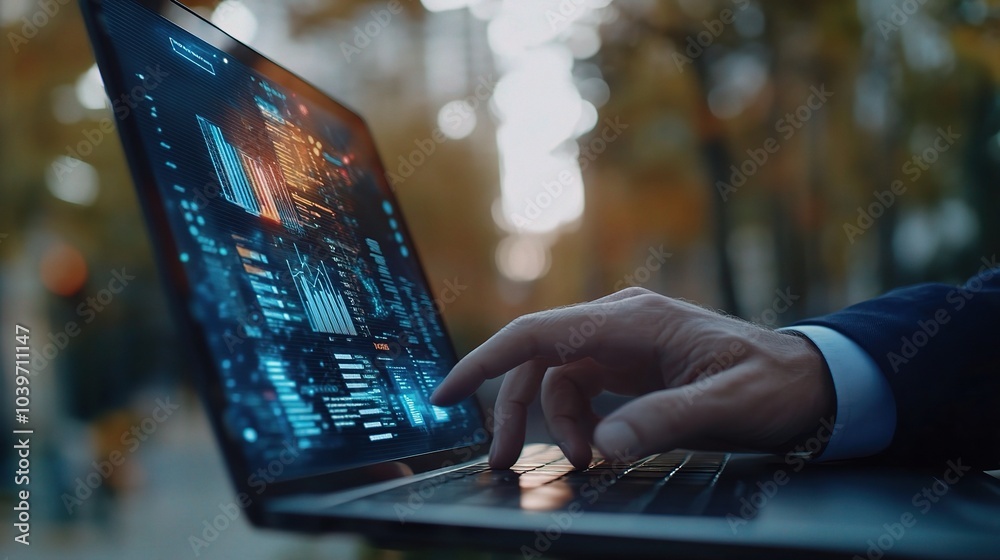 Poster Businessman Using Laptop in Urban Environment