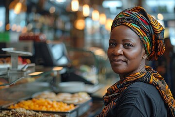 A woman with a vibrant headscarf stands behind a counter filled with an array of delicious dishes, smiling warmly at visitors in a lively market atmosphere during the afternoon