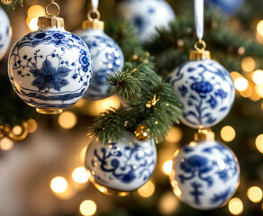 Fototapeta premium Elegant blue and white porcelain ornaments hanging from a Christmas tree. A timeless and sophisticated holiday decor.
