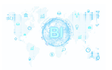 Abstract business intelligence concept with digital icons and world map in the background. Light blue and white color scheme. Data flow concept