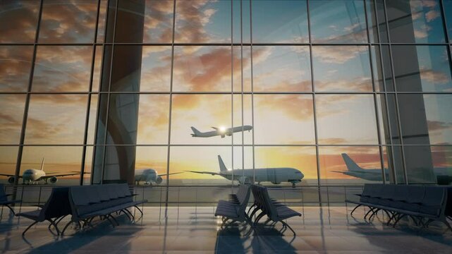 A Plane Is Flying Over A Terminal With A Sunset In The Background Airport Panoramic Photography Travel Insurance