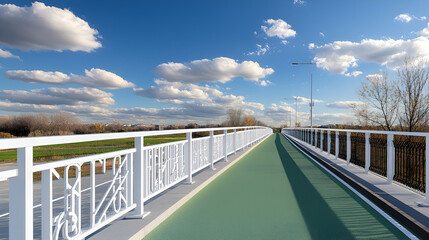 A white metal guardrail bridge with a green asphalt road, on the side of which is an iron fence 