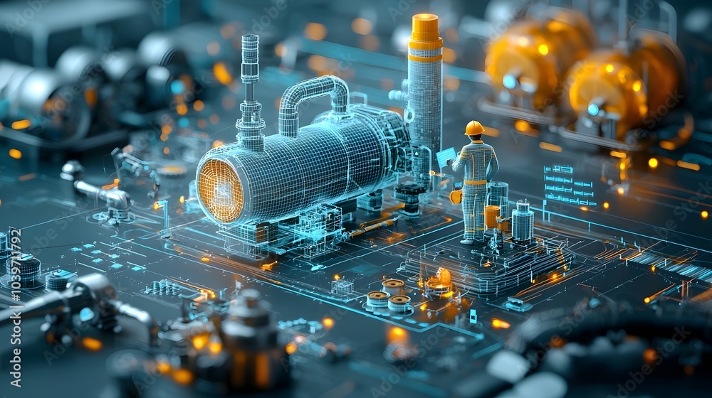 Poster dynamic 3d glowing mesh visualization of industrial machinery and equipment in at a modern manufactu