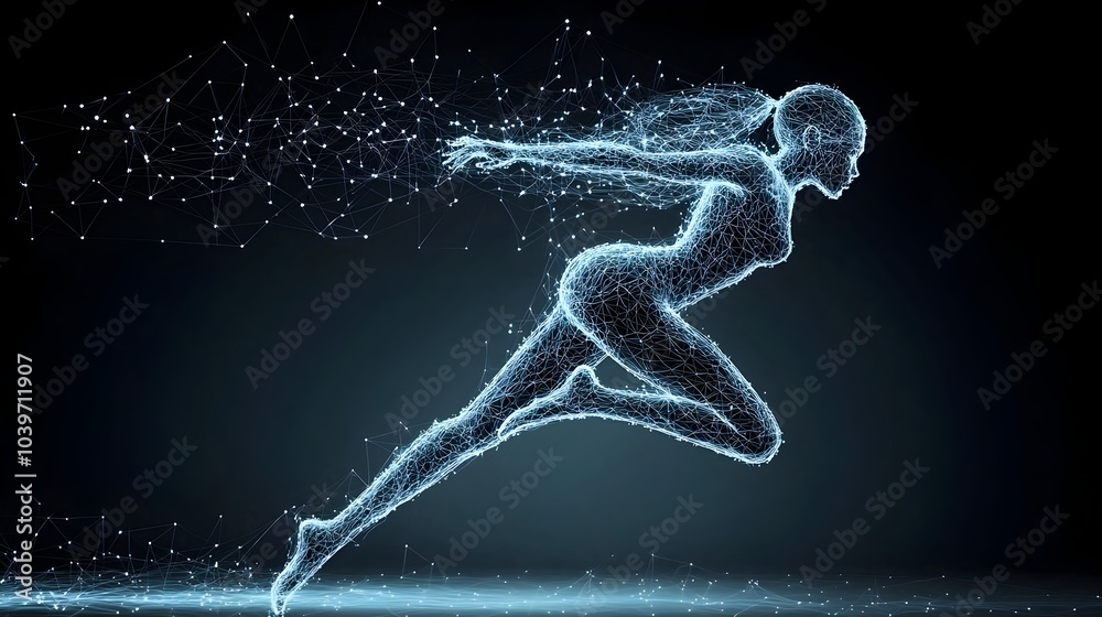 Fototapete Dynamic image of a person jumping high into the air leaving behind a trail of glowing mesh like energy effects in their wake creating a futuristic and visually striking scene