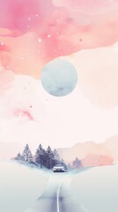 Obraz premium Watercolor wallpaper road car outdoors.