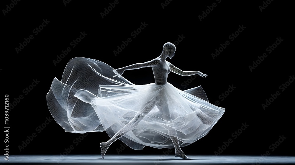 Poster Elegant dancer performing a captivating contemporary dance routine surrounded by dynamic glowing mesh lines that accentuate the fluidity and energy of the movement