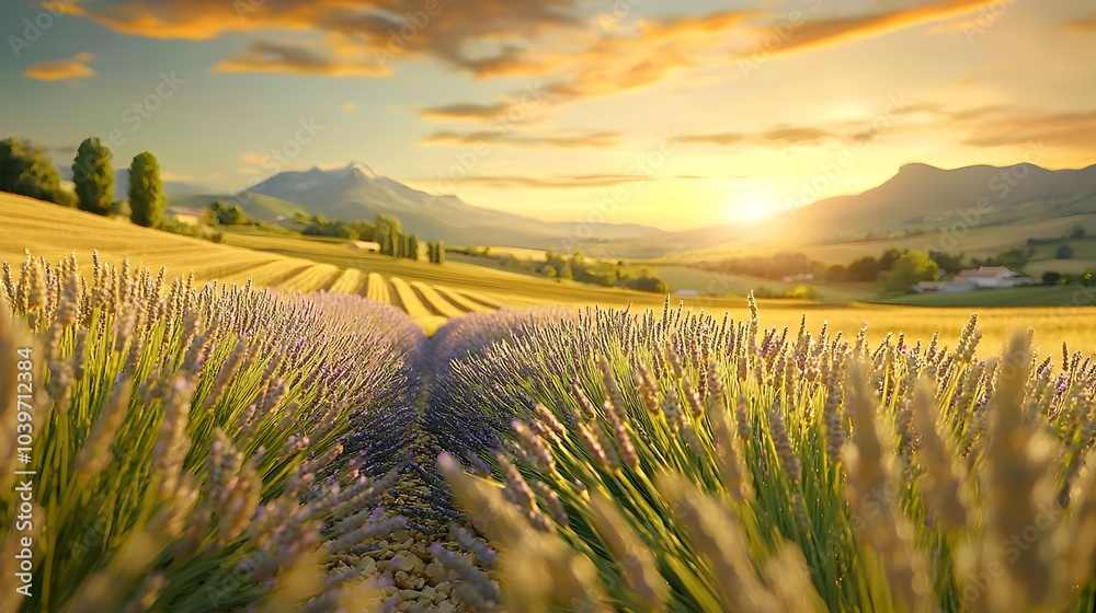 Poster Enchanting Glimmering Mesh Lines Accentuate the Beauty of Lavender Fields at Dusk Creating a Serene and Ethereal Atmosphere