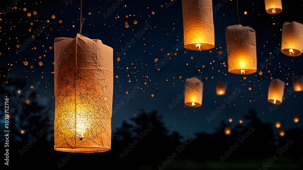 Poster Ethereal glow mesh trails highlighting floating lanterns drifting peacefully into the enchanting mystical night sky creating a captivating atmosphere of tranquility and wonder