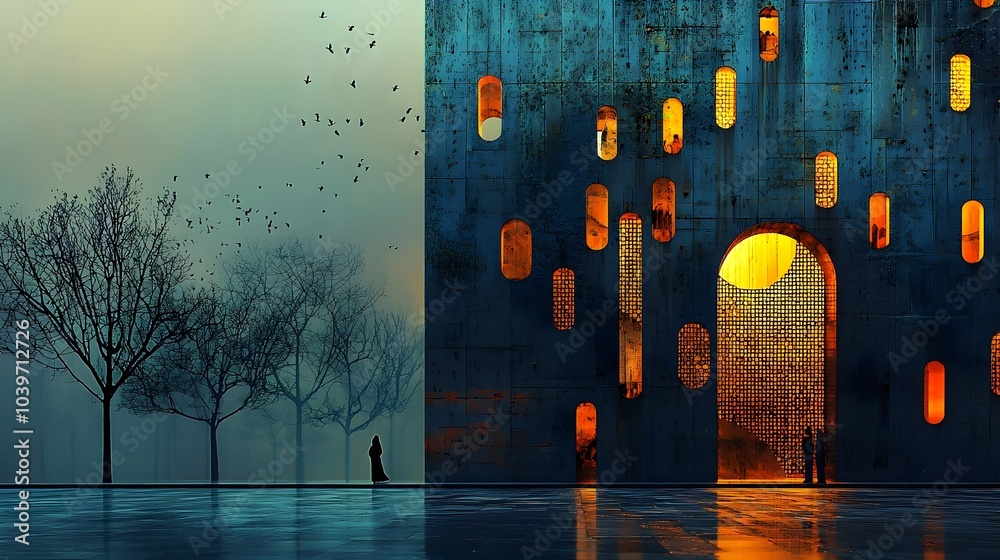 Leinwandbilder ethereal glow accentuating the architectural elegance of a mosque at sunset captivating mesh lines a